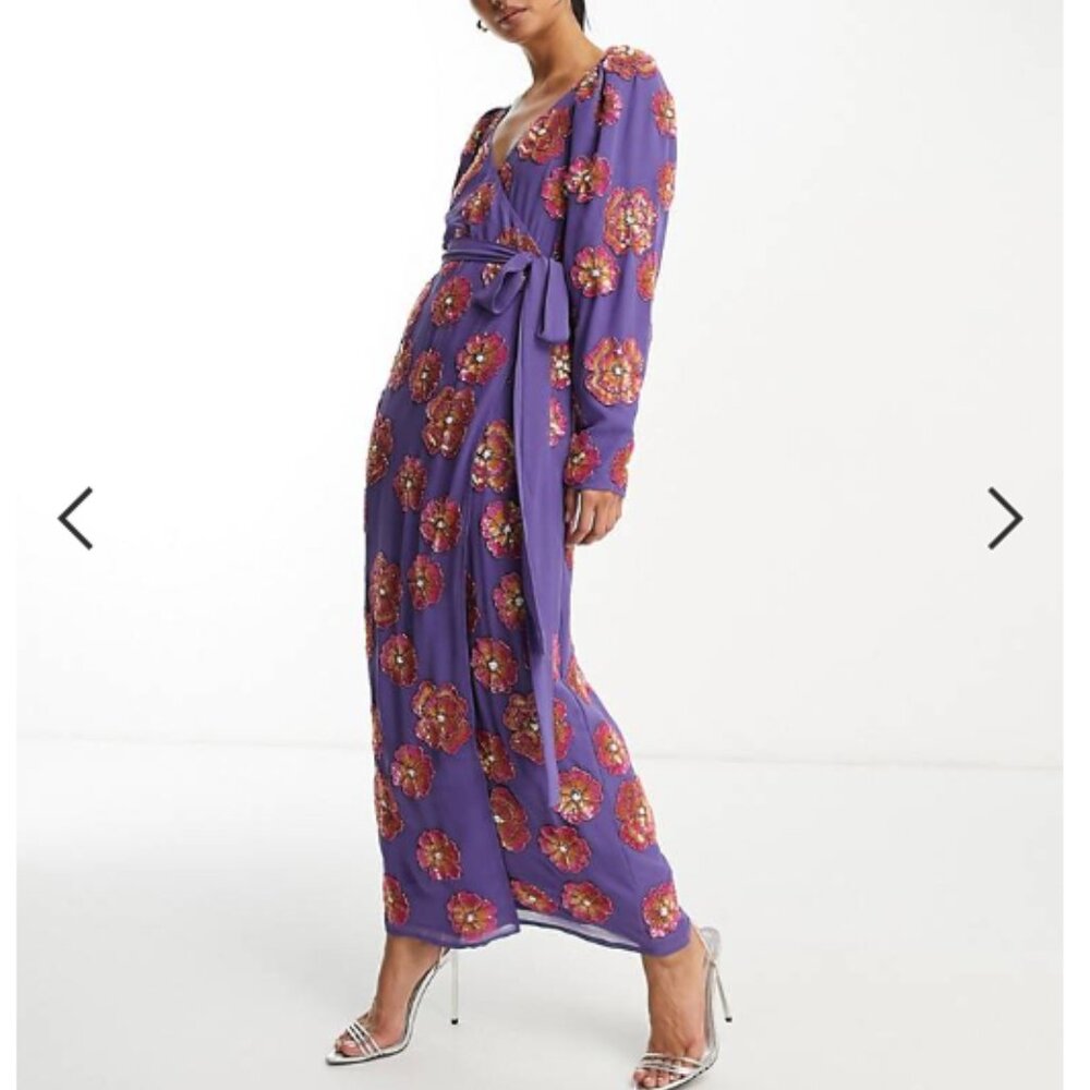 ASOS EDITION wrap midi dress in floral sequin in purple